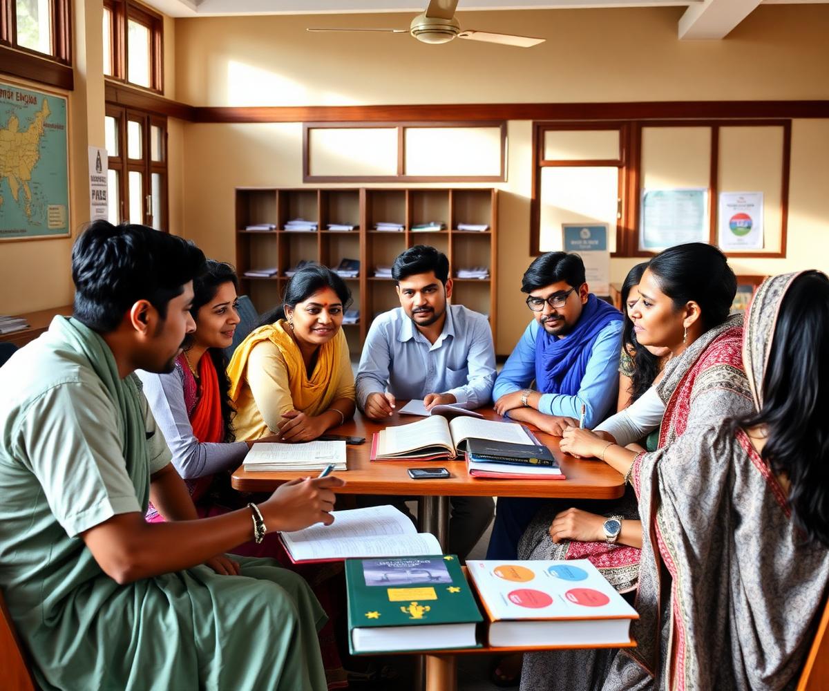 Small group of students practising spoken English at Royal English Academy, Babugaon