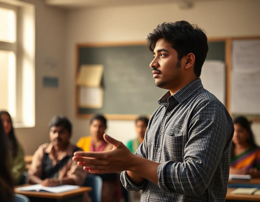 Student speaking confidently during a class presentation at Royal English Academy