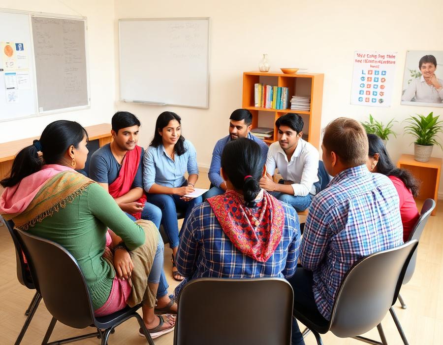 Group discussion activity in a spoken English batch in Babugaon, Hazaribagh