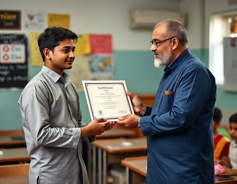 Student receiving a course completion certificate at Royal English Academy