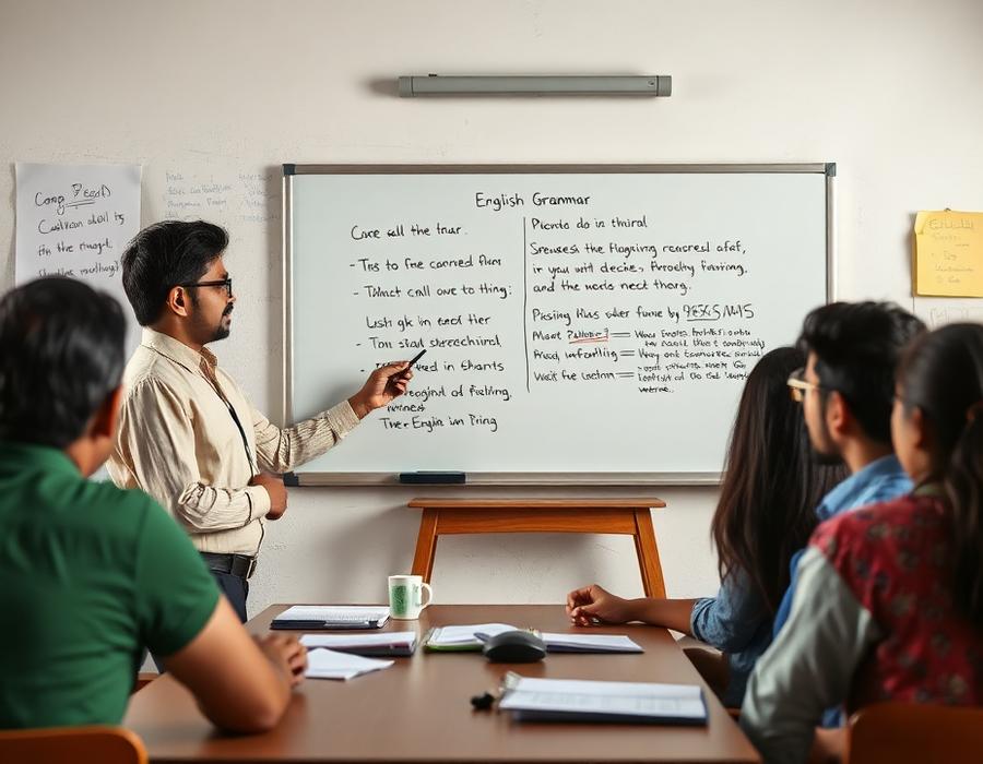 Teacher explaining English grammar on the whiteboard to a small batch
